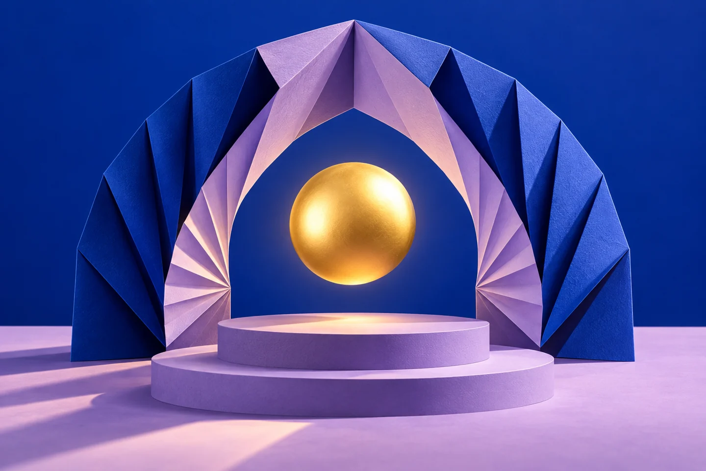 A golden orb rising through a sculptural lavender arch on a cobalt background.
