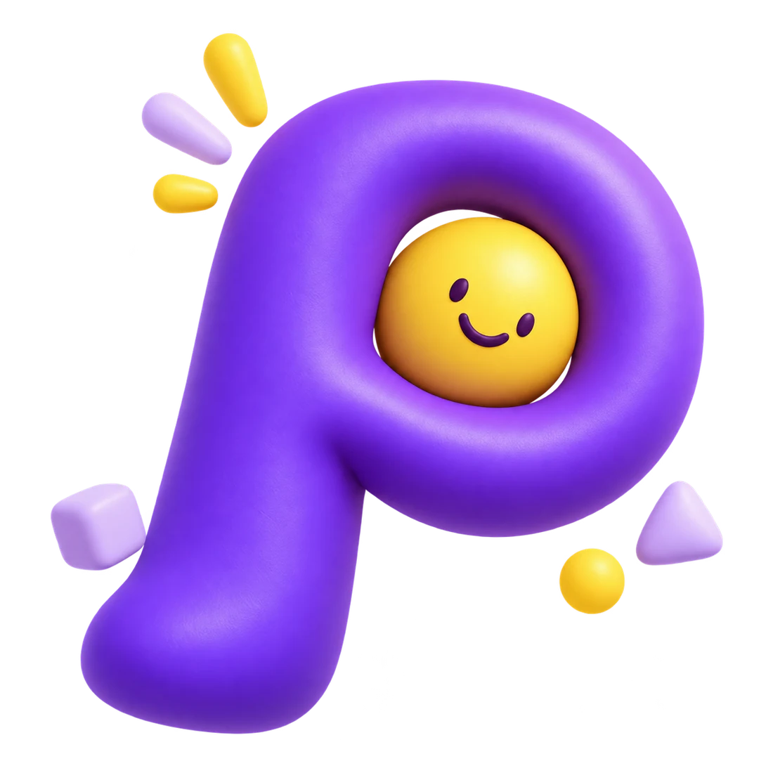 A playful purple p-shaped character with a smiling yellow sphere.
