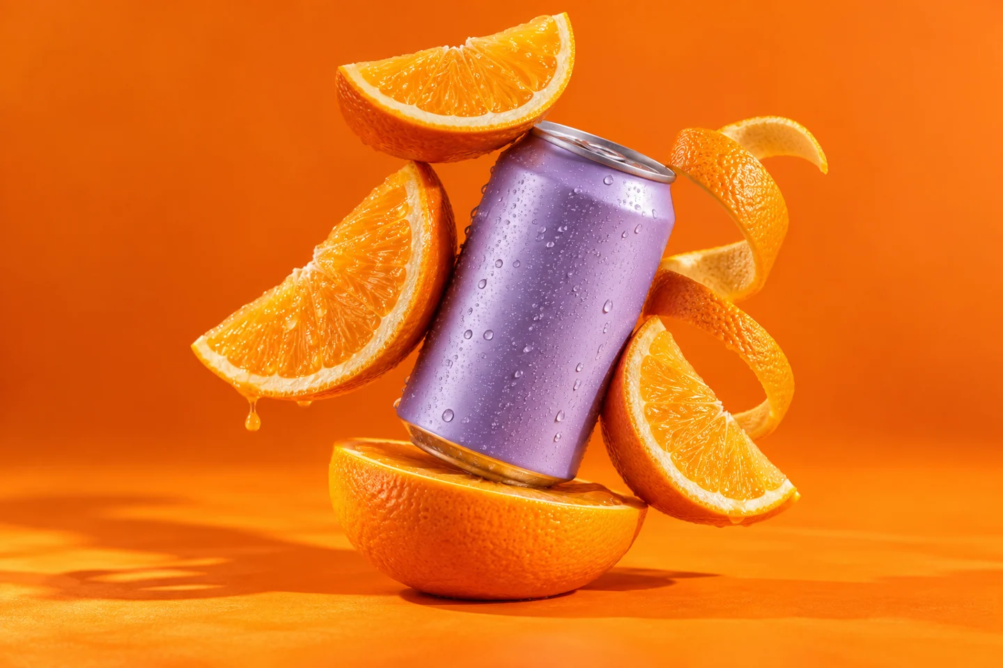 A lavender soda can balanced among vivid orange citrus wedges.
