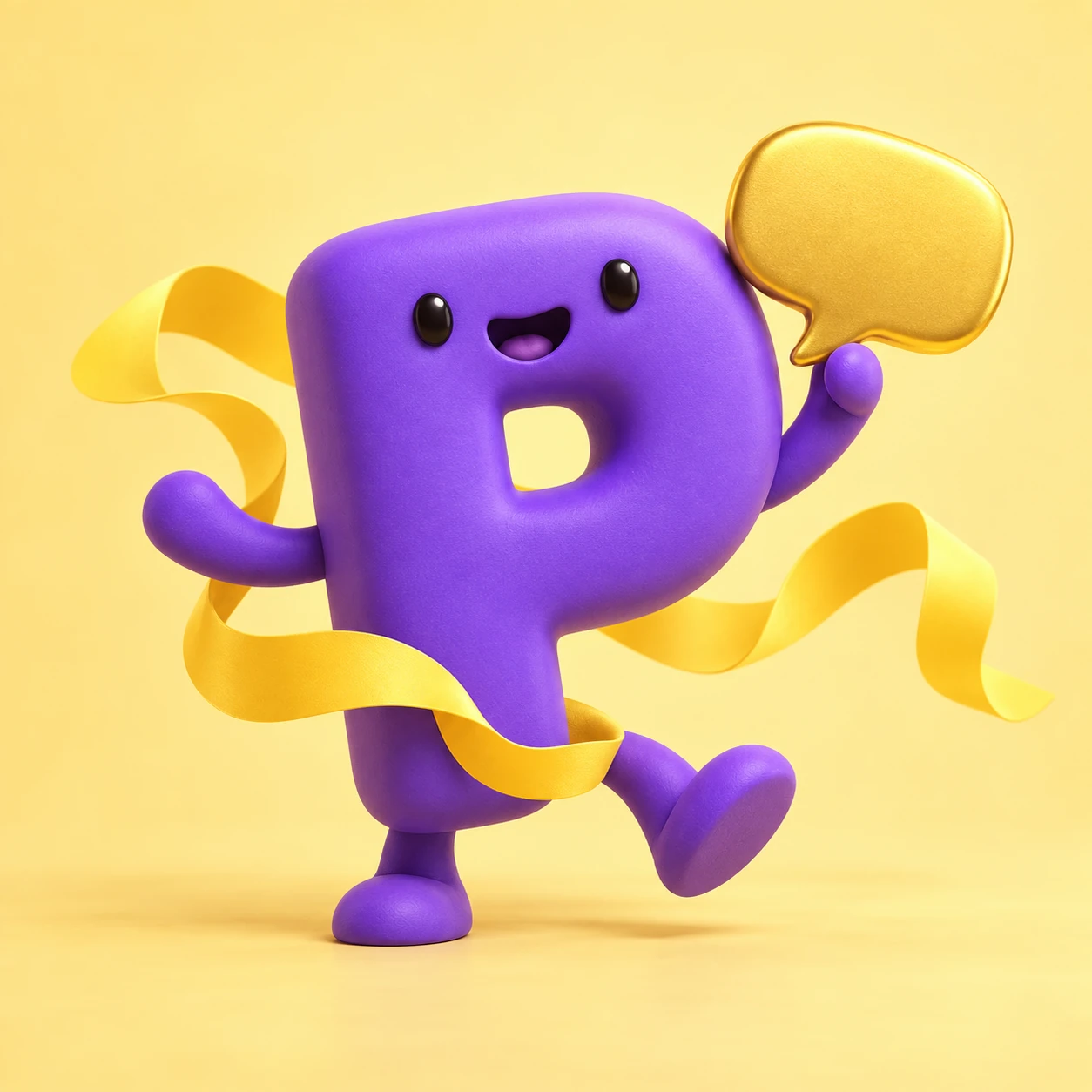 A purple P character with a golden speech bubble and a playful ribbon.