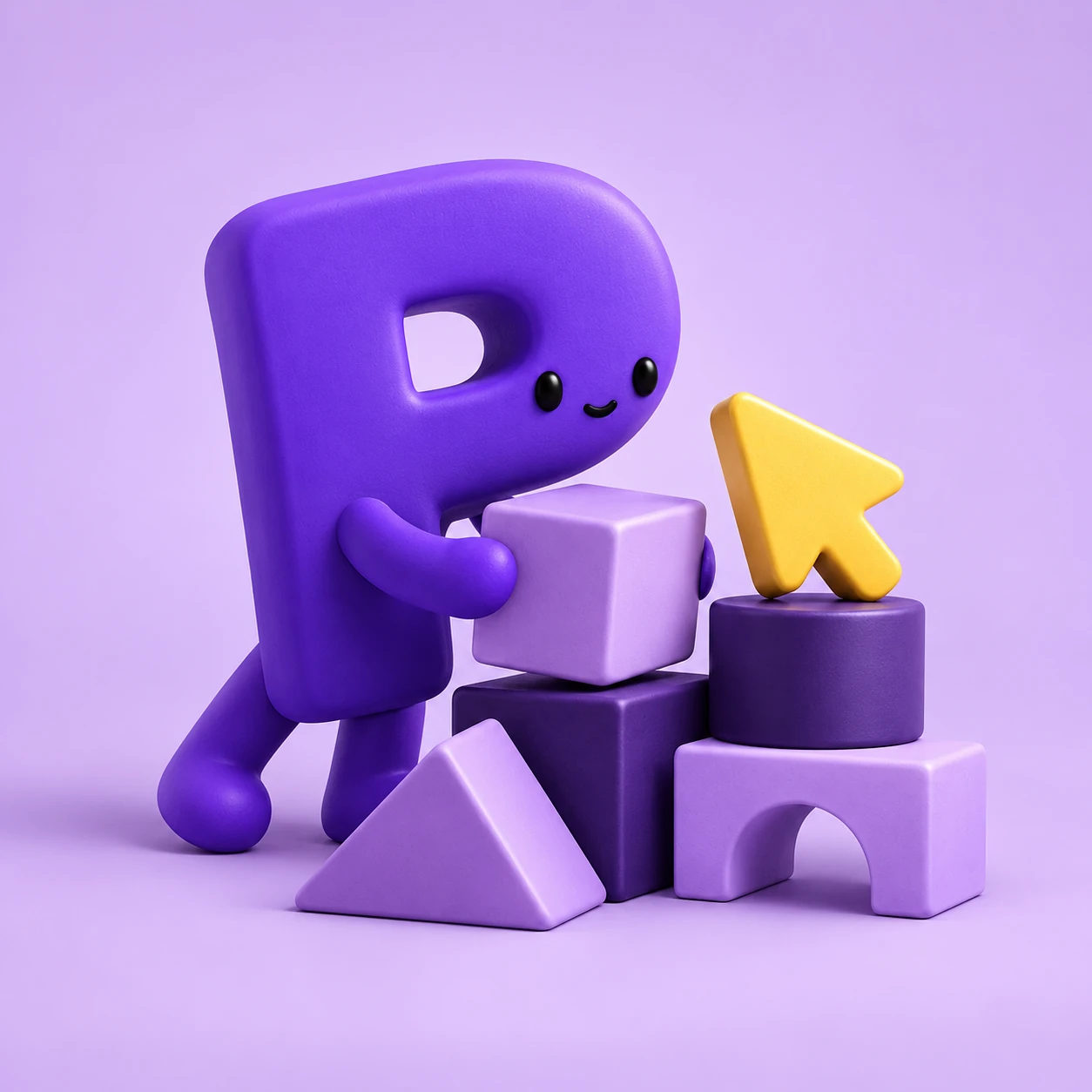 A purple P character arranging colorful geometric building blocks.