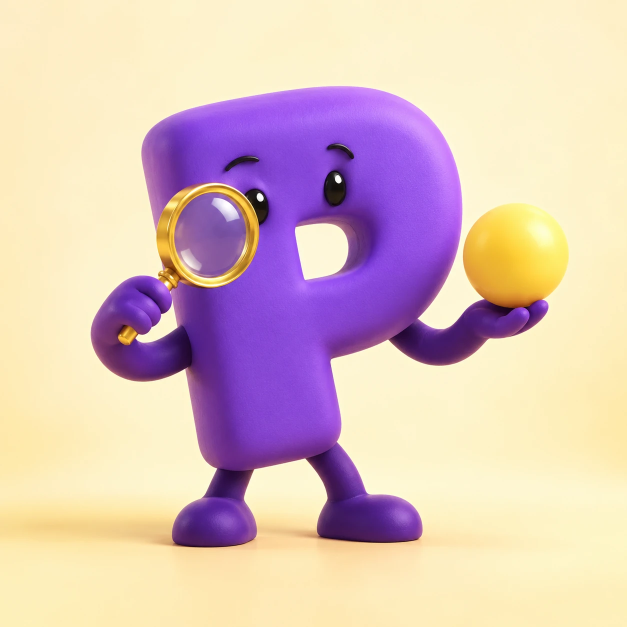 A purple P character examining a golden orb with a magnifying glass.